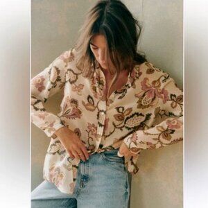 NWOT SEZANE PIERRO SHIRT Merveille Print Silk Cotton Pink Brown 42 (US 10-10)